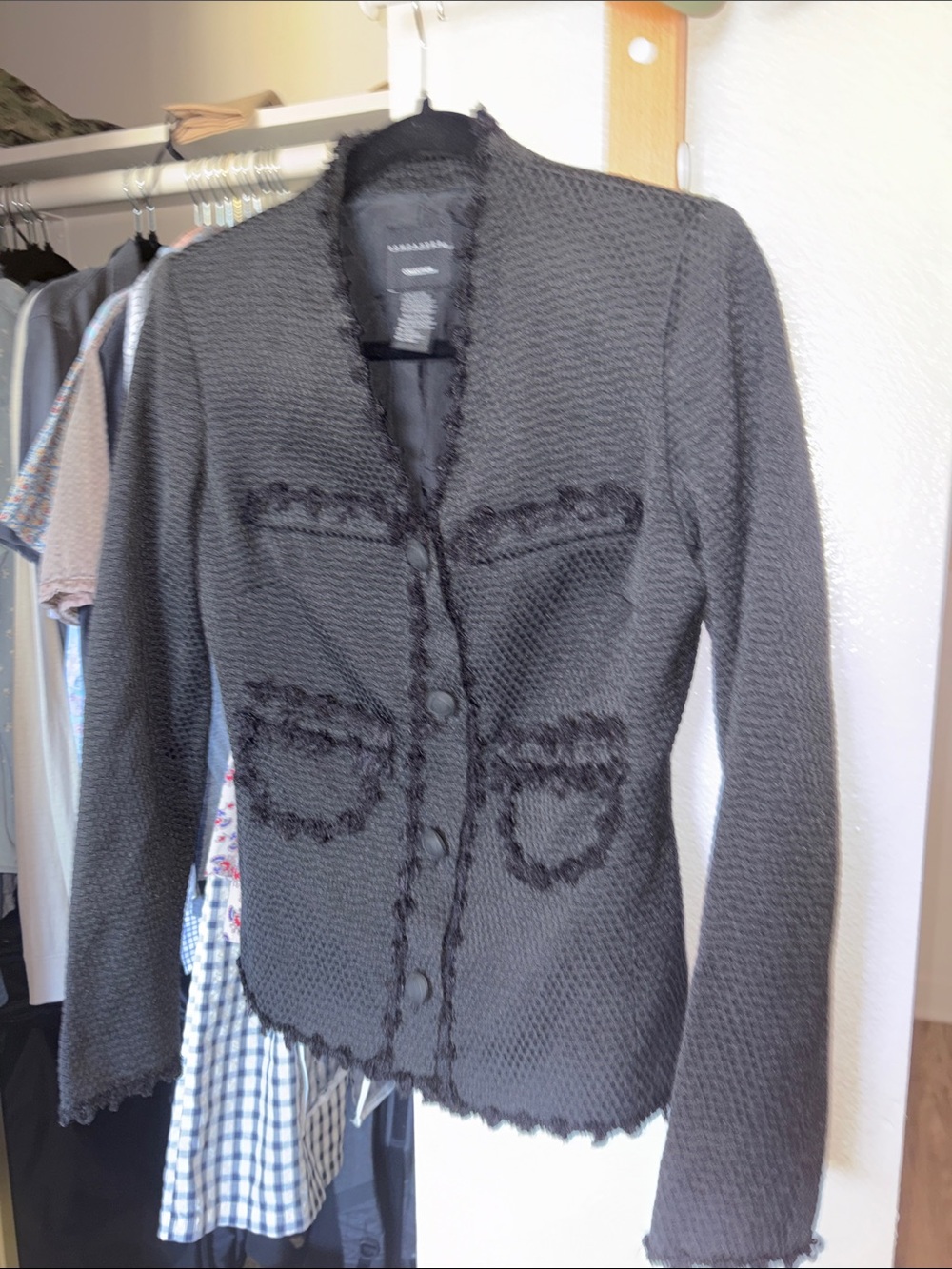 Doncaster Black Textured Fringe-Trim Blazer